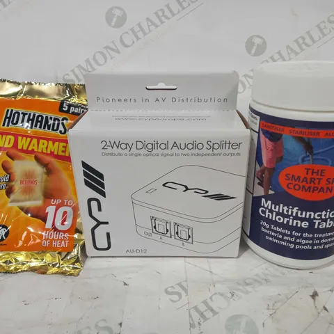 BOX OF APPROXIMATELY 15 ASSORTED HOUSEHOLD ITEMS TO INCLUDE 2-WAY DOGOTAL AUDIO SPLITTER, HOT HANDS HAND WARMERS, MULTIFUNCTIONAL CHLORINE TABLETS, ETC