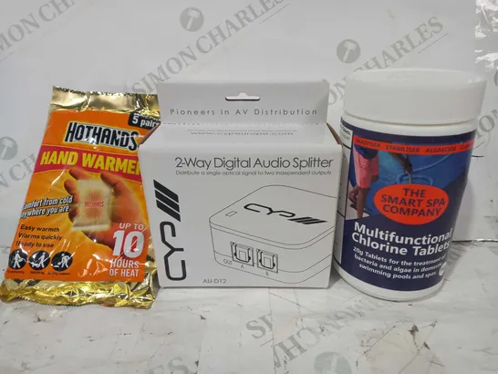 BOX OF APPROXIMATELY 15 ASSORTED HOUSEHOLD ITEMS TO INCLUDE 2-WAY DOGOTAL AUDIO SPLITTER, HOT HANDS HAND WARMERS, MULTIFUNCTIONAL CHLORINE TABLETS, ETC