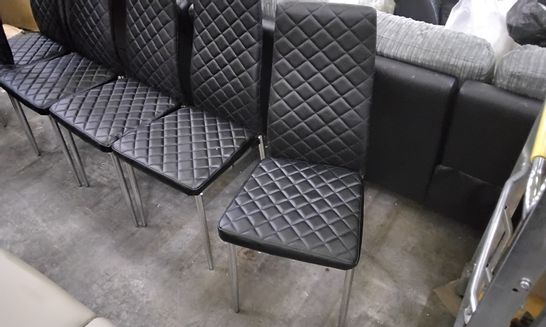 DESIGNER SET OF 6 SQUARE PATTERN BLACK FAUX LEATHER DINING CHAIRS WITH CHROME LEGS 