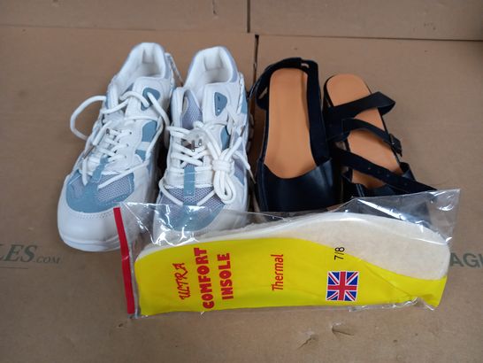 LOT OF ASSORTED SHOES AND ACCESSORIES TO INCLUDE PAIR OF WOMENS TRAINERS WHITE/BLUE SIZE 5UK, PAIR OF WOMENS BLACK/BROWN SANDALS SIZE 38EU, PAIR OF ULTRA COMFORT INSOLE SIZE 7/8UK  
