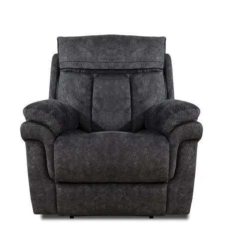 BOXED DESIGNER ORION POWER RECLINING EASY CHAIR WITH POWER HEADRESTS PLUSH DARK GREY FABRIC WITH BLACK PIPING