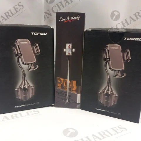 3 ASSORTED MOBILE PHONE ACCESSORIES TO INCLUDE; TOPGO CUP HOLDER PHONE MOUNT TC1 AND SELFIE STICK UMBRELLA STRUCTURE