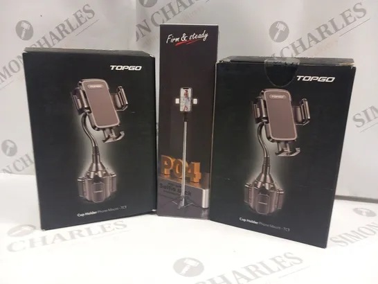 3 ASSORTED MOBILE PHONE ACCESSORIES TO INCLUDE; TOPGO CUP HOLDER PHONE MOUNT TC1 AND SELFIE STICK UMBRELLA STRUCTURE