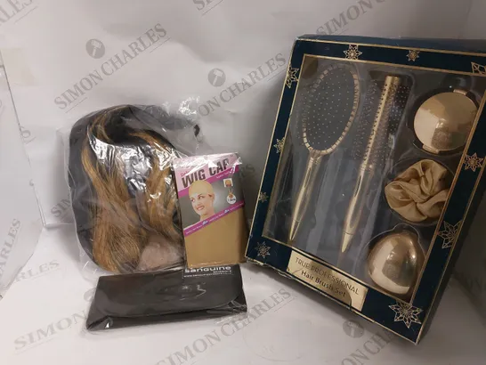 BOX OF APPROX 5 ITEMS TO INCLUDE HAIR BRUSH SET, WIG CAP AND ASSORTED HAIR EXTENSIONS/WIGS