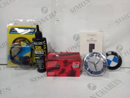 LOT OF APPROXIMATELY 15 ASSORTED VEHICLE PARTS & ACCESSORIES TO INCLUDE CAR SCENT DIFFUSER, APICO FACTORY RACING START SWITCH, MUC-OFF DRY WEATHER LUBE, ETC