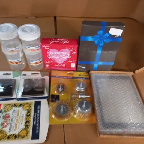 LOT OF ASSORTED HOUSEHOLD ITEMS TO INCLUDE NEXUS METAL SOCKET AND VALENTINE GAME 