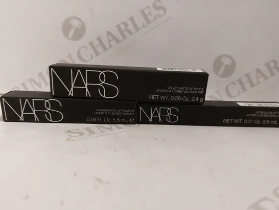 BOX OF 3 NARS ITEMS TO INCLUDE VELVET MATTE LIP PENCIL, POWERMATTE LIP PIGMENT, AFTERGLOW LIP SHINE