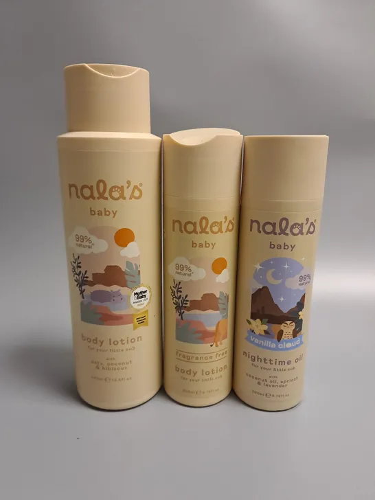 LOT OF 3 NALAS BABY BEAUTY ITEMS INCLUDES NIGHT IME OIL AND BODY LOTION