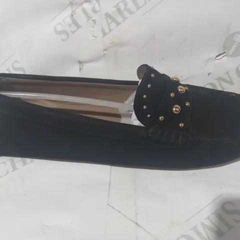 BOXED PAIR OF DESIGNER FAUX SUEDE LOAFERS IN BLACK WITH GOLD EFFECT STUDS SIZE UNSPECIFIED