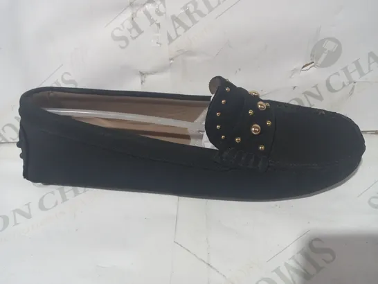 BOXED PAIR OF DESIGNER FAUX SUEDE LOAFERS IN BLACK WITH GOLD EFFECT STUDS SIZE UNSPECIFIED