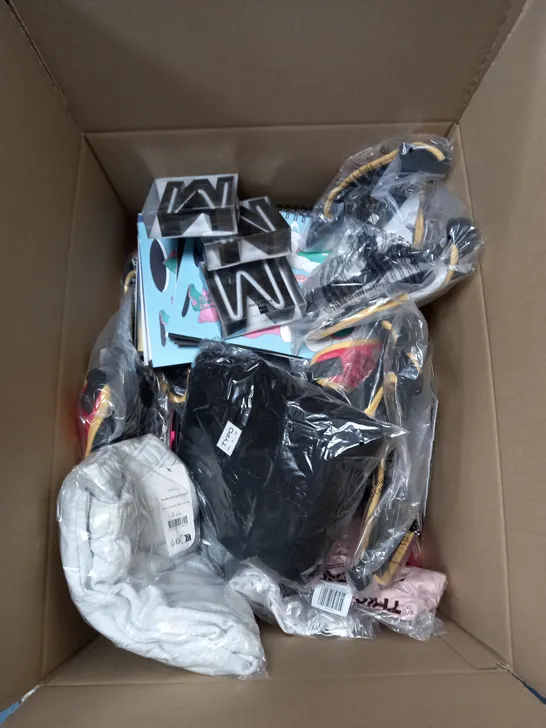 BOX OF APPROXIMATELY 40 ASSORTED HOUSEHOLD ITEMS TO INCLUDE HEADPHONES, DOG HARNESS, CLOTHES ETC 