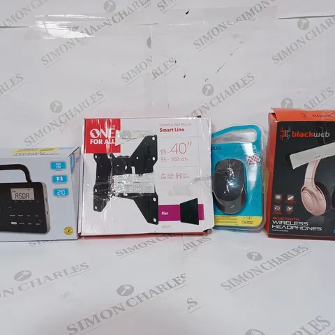 BOX OF APPROX 30 ASSORTED ITEMS TO INCLUDE - ONE FOR ALL UNIVERSAL WALL MOUNT - PORTABLE AM/FM RADIO - VOPOO M300 SILENT ECT