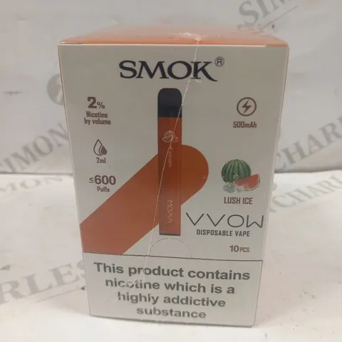 BRAND NEW BOXED AND SEALED SMOK VVOW DISPOSABLE VAPES 10 PIECES LUSH ICE