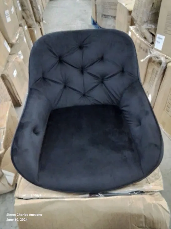 A BOXED PAIR OF BLACK VELVET UPHOLSTERED DINING ROOM CHAIRS 