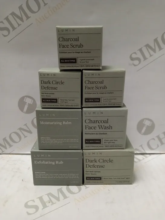 LOT OF APPROX 7 ASSORTED LUMIN PRODUCTS TO INCLUDE CHARCOAL FACE WASH, MOISTURIZING BALM, DARK CIRCLE DEFENSE, ETC 