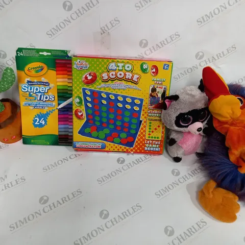 BOX OF APPROX 25 ASSORTED TOYS TO INCLUDE - 4 TO SCORE - CRAYOLA SUPER TIP 24 - TY ROCCO ECT 