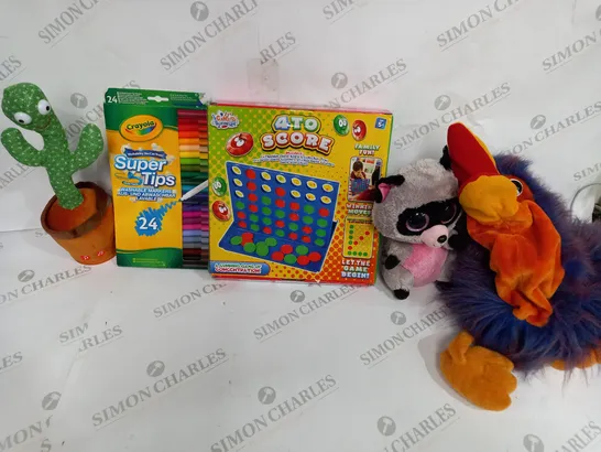 BOX OF APPROX 25 ASSORTED TOYS TO INCLUDE - 4 TO SCORE - CRAYOLA SUPER TIP 24 - TY ROCCO ECT 