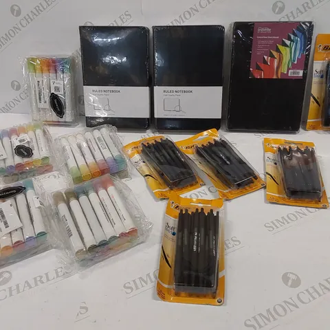 13 BRAND NEW ITEMS TO INCLUDE: 5 PACKS OF BIC PENS, 5 PACKS OF SNOWYEE HIGHLIGHTERS,2 RULED NOTEBOOKS AND A CONCERTINA SKETCHBOOK