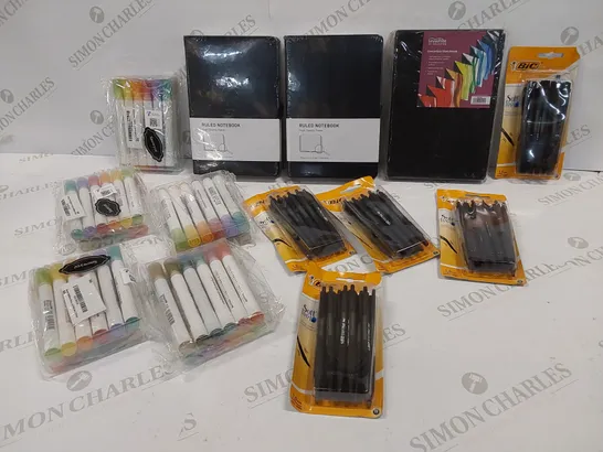 13 BRAND NEW ITEMS TO INCLUDE: 5 PACKS OF BIC PENS, 5 PACKS OF SNOWYEE HIGHLIGHTERS,2 RULED NOTEBOOKS AND A CONCERTINA SKETCHBOOK