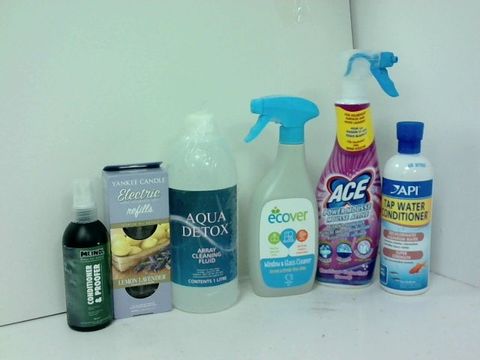 SMALL BOX OF ASSORTED LIQUID HOMEWARE ITEMS TO INCLUDE TAP WATER CONDITIONER FOR FISHTANK, ECOVER WINDOW AND GLASS CLEANER, ACECLANER