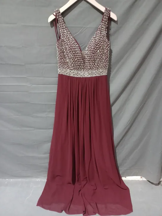 GINO CERRUTI OPEN BACK FAUX CRYSTAL DETAIL SHOULDER STRAP DRESS IN BURGUNDY- SIZE SMALL