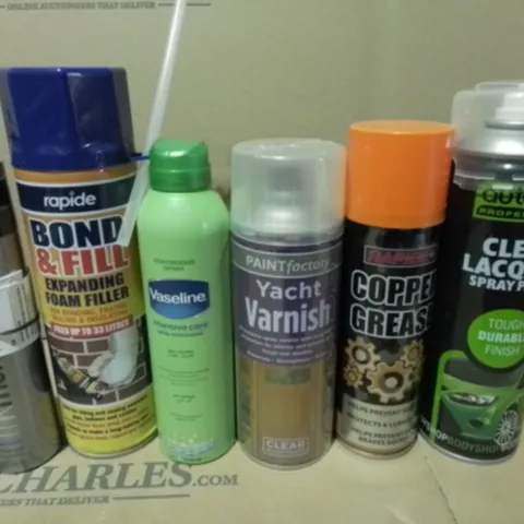 LOT OF 14 ASSORTED AEROSOLS TO INCLUDE COPPER GREASE, CLEAR LACQUER AND FOAM FILLER / COLLECTION ONLY 