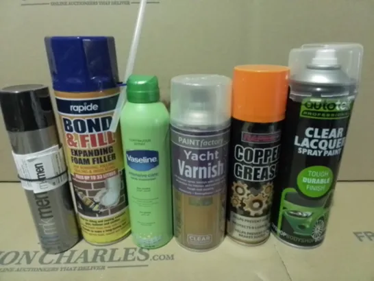 LOT OF 14 ASSORTED AEROSOLS TO INCLUDE COPPER GREASE, CLEAR LACQUER AND FOAM FILLER / COLLECTION ONLY 