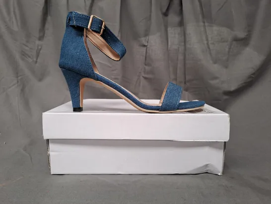 BOXED PAIR OF DESIGNER OPEN TOE HEELED SANDALS IN DENIM BLUE EU SIZE 41