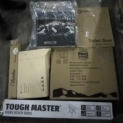 PALLET OF ASSORTED ITEMS INCLUDING TOUGH MASTER WORK BENCH, PIPISHELL TOILET SEAT, TIMBER RIDGE CAMPING CUPBOARD, TECKIN DIMMABLE LED, VARMHUS WALLPAPER, TOMYANG BBQ AND HOT POT