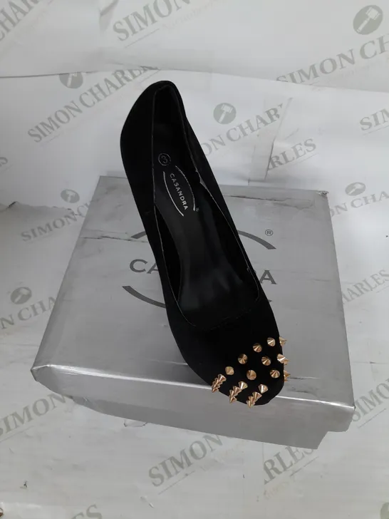 CASSANDRA PLATFORM STILLETO HEEL IN BLACK SUEDE WITH GOLD SPIKES AND RED SOLE SIZE 3