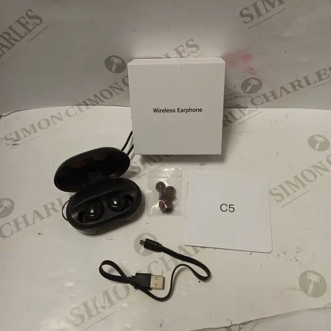 BOXED C5 WIRELESS EARBUDS WITH CHARGING DOCK, ACCESSORIES, USB CABLE AND INSTRUCTIONS