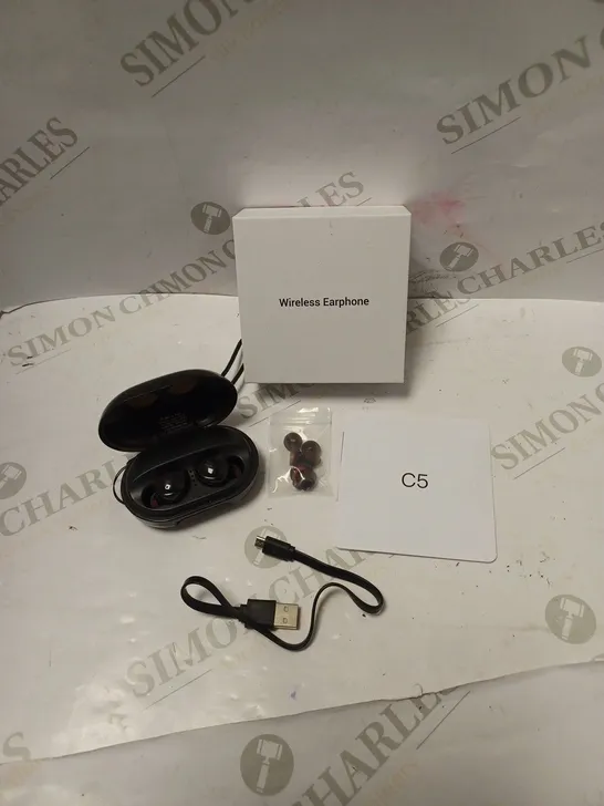 BOXED C5 WIRELESS EARBUDS WITH CHARGING DOCK, ACCESSORIES, USB CABLE AND INSTRUCTIONS