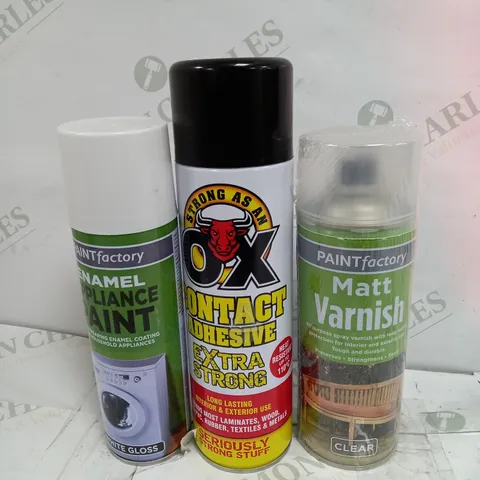 BOX OF APPROXIMATELY 30 ASSORTED ITEMS TO INCLUDE MATT VARNISH, CONTACT ADHESIVE, APPLIANCE PAINT ETC