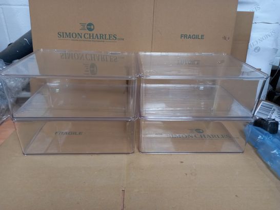 SET OF 4 CLEAR, PERSPEX STACKABLE BOXES WITH HINGED LIDS - 29X33X13