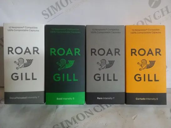 BOX OF APPROX 15 ASSORTED ROAR GILL PRODUCTS TO INCLUDE DECAFFINATED INTENSITY 7 COFFEE, BOLD INTENSITY 8 COFFEE, CORTADO INTENSITY COFFEE 8, ETC 