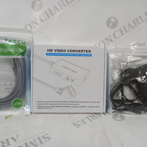 APPROXIMATELY 10 ASSORTED HOUSEHOLD ITEMS TO INCLUDE HD VIDEO CONVERTER, USB CABLE, HDMI TO SCART, ETC