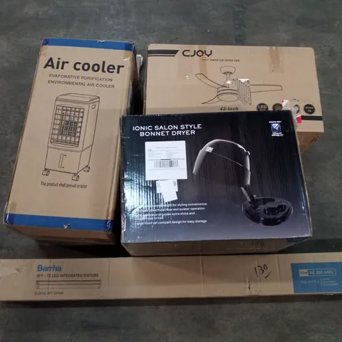 PALLET OF ASSORTED PRODUCTS INCLUDING AIR COOLER, LED CEILING FAN, SALON STYLE BONNET DRYER, LED INTEGRATED FIXTURE