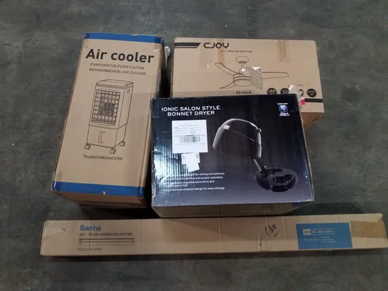 PALLET OF ASSORTED PRODUCTS INCLUDING AIR COOLER, LED CEILING FAN, SALON STYLE BONNET DRYER, LED INTEGRATED FIXTURE