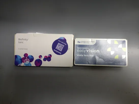 APPROXIMATELY 30 ASSORTED CONTACT LENS PRODUCTS TO INCLUDE BIOFINITY TORIC 3PCS, SPECSAVERS EASY VISION UVICIA TORIC PLUS 3PCS