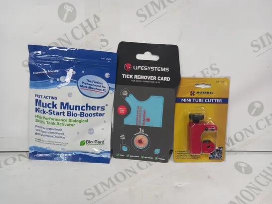 LOT OF APPROXIMATELY 10 ASSORTED HOUSEHOLD ITEMS TO INCLUDE MINI TUBE CUTTER, TICK REMOVER CARD, MUCK MUNCHERS KICK-START BIO-BOOSTER, ETC