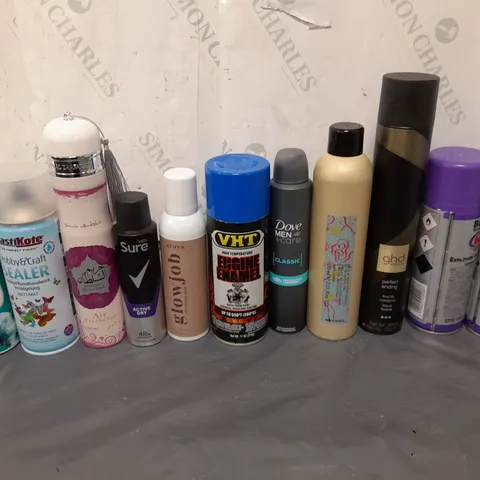 APPROXIMATELY 12 ASSORTED AEROSOLS TO INCLUDE GHD PERFECT ENDING, DOVE BODYSPRAY, AND LOREAL MOUSSE ETC. 