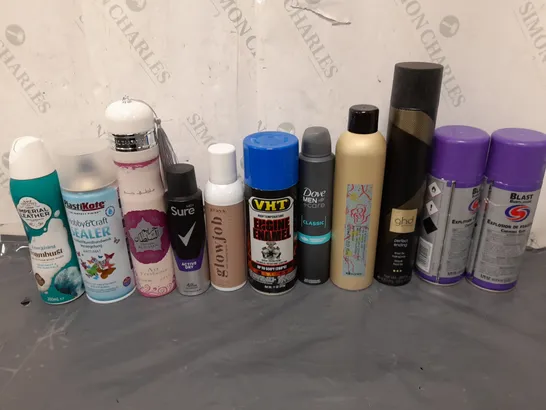 APPROXIMATELY 12 ASSORTED AEROSOLS TO INCLUDE GHD PERFECT ENDING, DOVE BODYSPRAY, AND LOREAL MOUSSE ETC. 