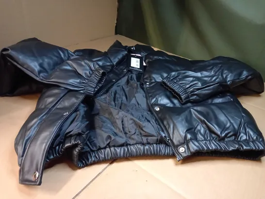 PLT BLACK FAUX LEATHER ELASTIC HEM BUBBLE PUFFER JACKET - SIZE TALL MEDIUM