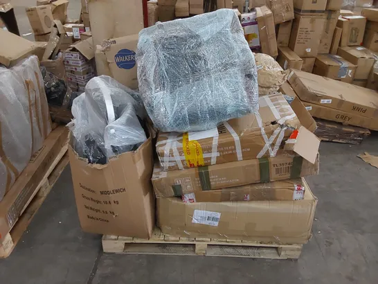 PALLET OF ASSORTED HOUSEHOLD PRODUCTS AND INCOMPLETE BOXED FURNITURE PARTS