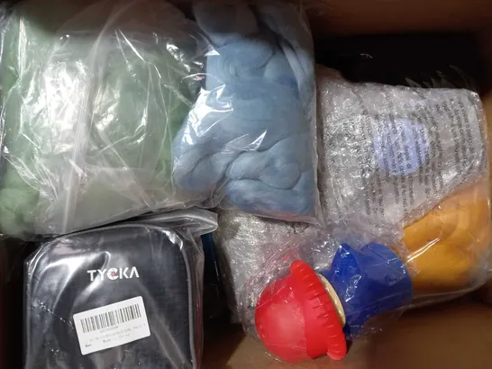 BOX OF APPROXIMATELY 10 ASSORTED HOUSEHOLD ITEMS TO INCLUDE COMPRESSION GARMENTS, PLACEMAT SET, UNIBOND MOISTURE ABSORBER, ETC