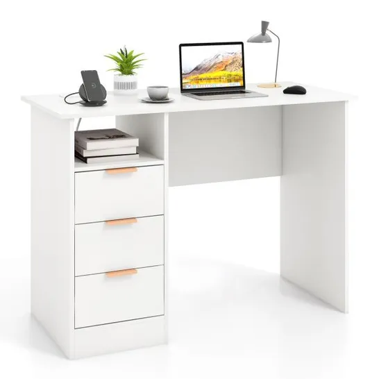 BOXED COSTWAY HOME OFFICE DESK WITH POWER OUTLET AND 3 STORAGE DRAWERS - WHITE