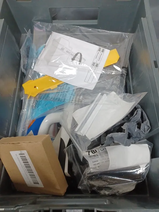 BOX OF APPROXIMATELY 20 ASSORTED HOUSEHOLD ITEMS TO INCLUDE PIPE CONNECTORS, BLU TACK AND MINI TOOLS