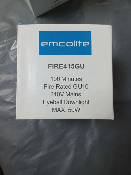 PALLET CONTAINING APPROXIMATELY 260 EMCOLITE FIRE415GU 100 MINUTES FIRE RATED GU10 240V MAINS EYEBALL DOWNLIGHT MAX 50W  