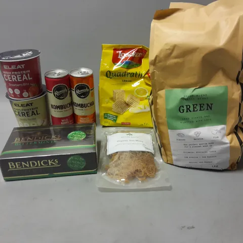 LOT OF ASSORTED FOOD ITEMS TO INCLUDE ORGANIC SEA MOSS, BENDICKS CHOCOLATE, ETC