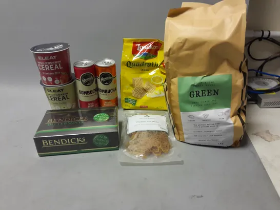 LOT OF ASSORTED FOOD ITEMS TO INCLUDE ORGANIC SEA MOSS, BENDICKS CHOCOLATE, ETC